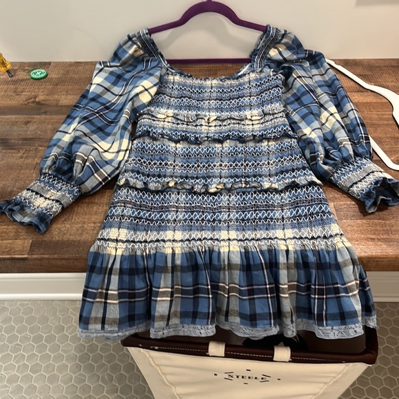 LOVE SHACK FANCY Blue plaid puff sleeve smocked Stanley mini dress 💙 - Picture 2 of 5